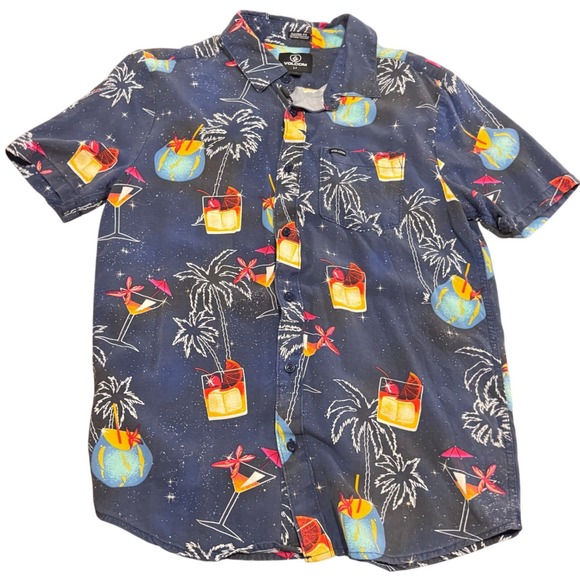 Volcom Other - Volcom Hawaiian Button Up Shirt Small‎ - Tropical Drinks Palm Trees Cosmic Vaca